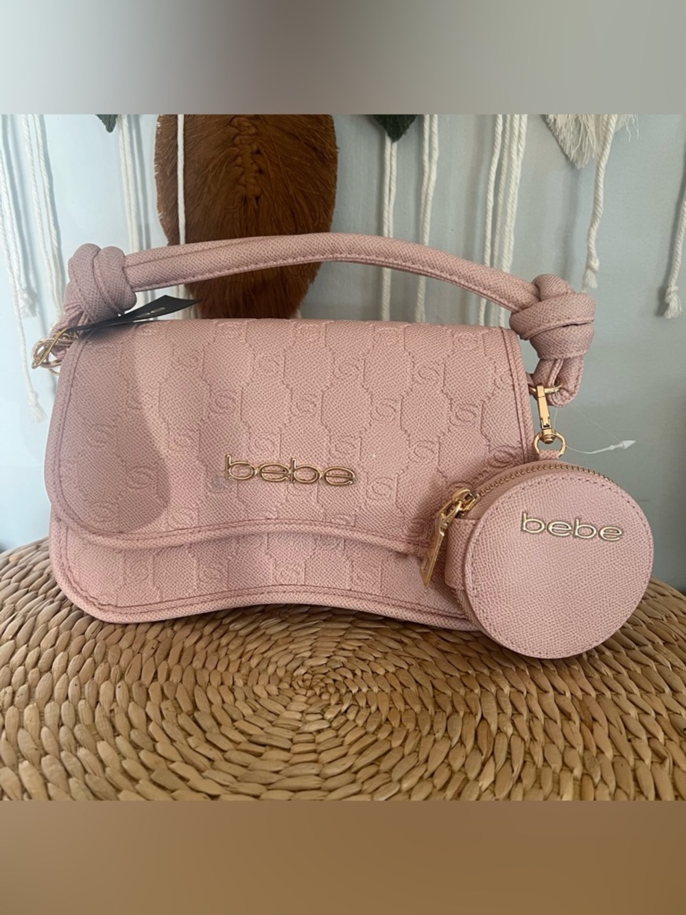 bebe Blush Pink Textured Shoulder Bag with Coin Pouch